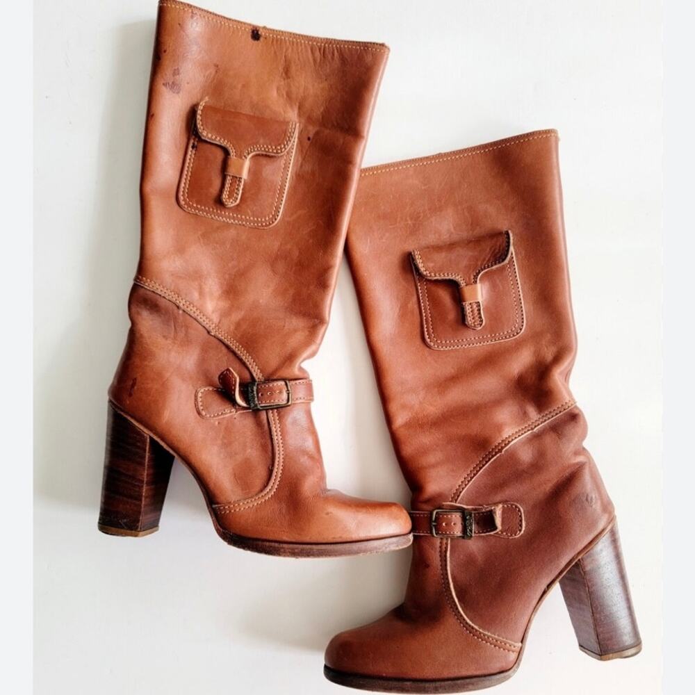 Zodiac Brown Leather Knee High Boots Block Heel Utility Pocket Y2K 2000s 5M